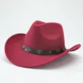 Detail shot of a stylish wine red western cowboy hat with black leather strap and metal stud trim. - 56-58cm / Burgundy