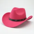 Rose red western cowboy hat detail, black belt with metal studs, rolled brim fedora. - 56-58cm / Rose Red