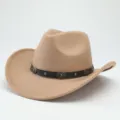 Classic beige western cowboy hat with black leather band and metal studs for autumn and winter. - 56-58cm / Camel