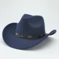 Close-up detail of the dark blue western cowboy hat featuring a black studded leather band. - 56-58cm / Navy Blue