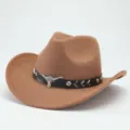 Chapeau de cowboy western marron avec bande en cuir noir et ornement de crâne de taureau - 56-58cm / Kaki