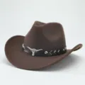 Chapeau de cowboy occidental marron avec décor de crâne de taureau unisexe feutre élégant - 56-58cm / Café