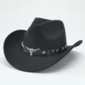 Chapeau de cowboy western noir avec accessoire tete de taureau, fedora en feutre unisexe. - 56-58cm / Noir