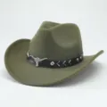 Chapeau de cow-boy western vert armée avec bande en cuir noir et détail métal tête de taureau. - 56-58cm / Vert Militaire