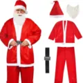 Santa Claus costume set including red velvet coat pants hat beard and belt for holiday party. - Set / Adult Non Woven Christmas 5 Piece Set