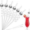 Transparent curly plastic drinking straws with silver disco ball decorations and cleaning brushes. - Silver Mirror Ball Straw (Single Price)