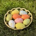 Colorful speckled Easter eggs in basket, mini foam decorative eggs for holiday home decor. - Large (3x5cm) / 9 Pieces/Pack (With Basket)