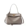 Elegant grey leather shoulder bag featuring top handle and secure metal turn-lock closure - Small Milk Tea Gold Buckle