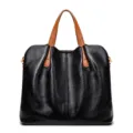 Sac cabas en cuir noir avec poignées marron, sac à main de travail en cuir véritable pour femme. - Noir polyvalent (Cuir de vachette pleine fleur)