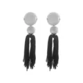 Fashion long silver tone metal disc and black thread tassel dangle earrings for women stylish jewelry - Earrings / White K Gold