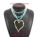 Collier multi-couches perles et turquoise avec grand pendentif cœur doré bijou élégant - Turquoise Perle Or (N11720)