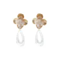 Gold flower and clear acrylic teardrop dangle earrings detail shot, stylish fabric floral jewelry. - White