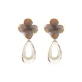 Detail view of fashion floral fabric acrylic teardrop earrings with golden metal base. - Gray