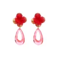 Close-up of red fabric flower and pink acrylic teardrop dangle earrings detail shot. - Red