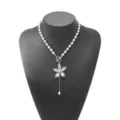 Fashion sweet cool frangipani pendant necklace, faux pearl beaded OT buckle choker jewelry - Silver