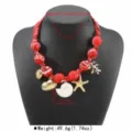 Red fabric beaded necklace with seashell and starfish pendants for women ocean style - Red