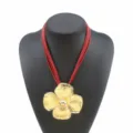 Statement large flower pendant necklace with multi-strand red cord for stylish women - Red Rope Gold