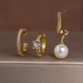 Vergulde kristal en parel oorbellen set, driedelige minimalistische mode sieraden. - 3-delige Set Stijl 7 Witte Strass / 18K Verguld