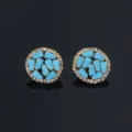 Blauwe steen ronde oorknopjes met strass halo, elegant koperen design variant nu. - Blauwe Turkoois Stijl / 18K Verguld
