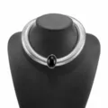Wide snake bone chain choker necklace with black oval gemstone metal collar jewelry. - Wide Snake Chain Choker (N13414)