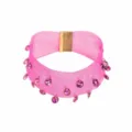 Pink mesh choker necklace with sparkly crystal pendants and gold magnetic clasp for women fashion. - Pink