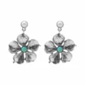 Vintage silver flower drop earrings with white pearl studs and turquoise center chic boho jewelry - Distressed Silver Retro Flower Earrings (E14740)