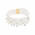 White mesh choker necklace with gold magnetic clasp and crystal pendant drops for women. - White