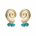 Close-up detail of vintage gold spiral earrings featuring vibrant turquoise stone dangles. - E14528