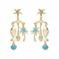Gold coastal dangle earrings with starfish, palm tree, and blue enamel shell charms for beach. - E14536