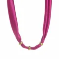 Fabric silk scarf necklace detail view, elegant fuchsia fabric with gold metal rings choker. - Rose Red
