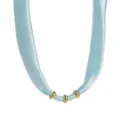 Light blue fabric ribbon necklace with three gold metal beads, chic minimalist clavicle chain. - Sky Blue