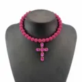 Primavera estate nuova collana perle rosa ciondolo croce cristallo catena clavicola donna gioielli - Rosso rosa
