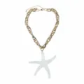 Gold chunky chain necklace featuring a large white resin starfish pendant, beach vacation style. - Clear White