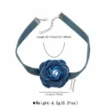 Denim flower choker necklace with pearl accent and adjustable length extension chain detail. - Dark Blue