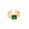 Elegante anillo de acero de titanio dorado con circonita verde esmeralda, diseño abierto. - Talla 6 / Oro-Piedra Verde