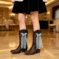 Brown western cowboy boots with cute blue polka dot bow lace pearl tassels stylish shoes - Length: 15cm / Blue Polka Dots