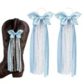 Breloques de bottes en ruban de satin bleu avec dentelle blanche et perles pour bottes. - Bleu