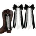 Black bow ribbon lace boot charms with pearls and rhinestones for western cowboy boots. - 15cm / Black