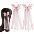 Pink satin boot bow with pearls lace tassel, western cowboy boot decorative accessory. - Length: 15cm / Pink