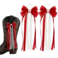 Red bow ribbon cowboy boot accessory with pearl and lace strings for footwear decoration. - 15cm / Red
