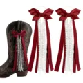 Western cowboy boot decorations with burgundy satin bows, lace and pearl strings, 2pcs. - Length: 15cm / Burgundy
