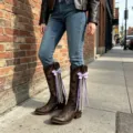 Brown western cowboy boots with purple bow pearl lace charm DIY tassel decoration stylish shoes - Purple Polka Dot