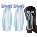 Western cowboy boot decorative ribbon accessory with blue gingham bow, lace and pearl strings. - 15cm / Blue Plaid