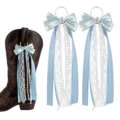 Light blue bow boot tassels with lace and pearls, stylish western cowboy boot accessories. - Blue