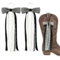 Black and white checkered boot bows with pearl chains and lace ribbons for western cowboy boots. - 15cm / Black Plaid