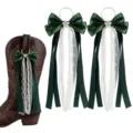 Green satin bow boot accessories with pearl strands and white lace, perfect for cowboy boots. - Dark Green