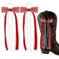 Western cowboy boot charms with red gingham bow, lace ribbons and pearl strings for decoration. - 15cm / Red Plaid