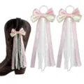 Handgemachte Westernstiefel Deko Schleifen rosa creme Band Perlen Spitzen Quasten Paar. - Länge: 15cm / Rosa