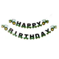 Tractor themed Happy Birthday party banner with green and yellow vehicle letter flags for kids. - Green Construction Vehicle Banner