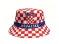 Red and white checkered bucket hat featuring Croatia crest and blue band for sport fans. - Croatia 2